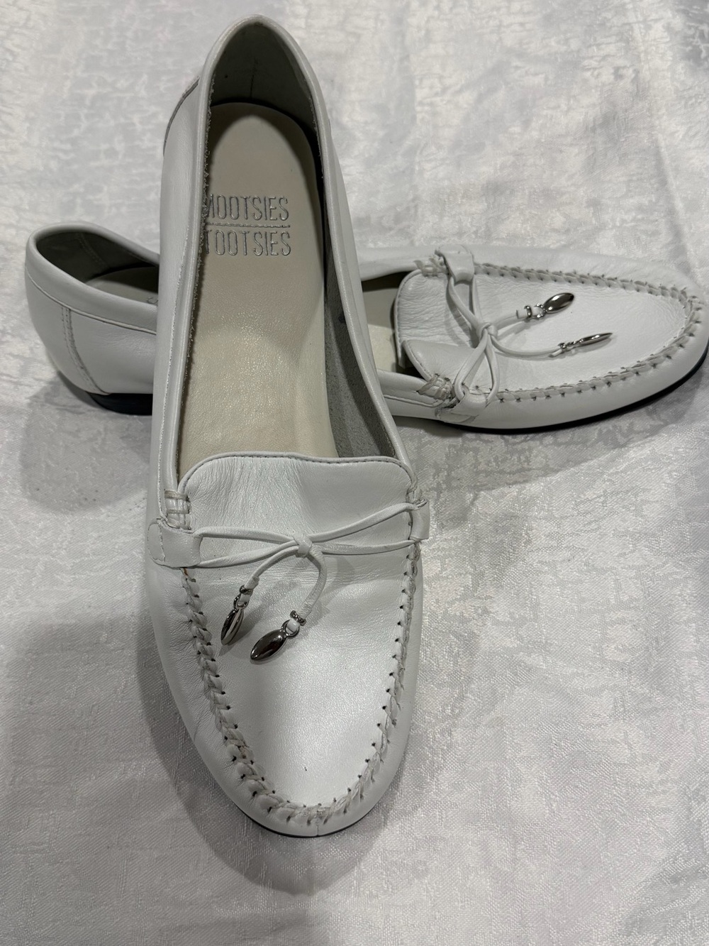 White Leather Moccasin Loafers with Bow Accent - Women